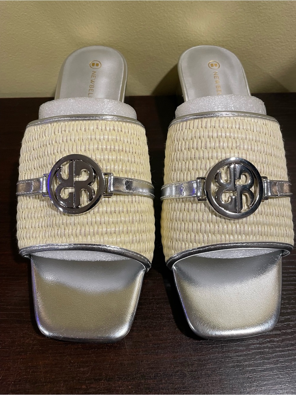 Raffia and Metallic Slides–Silver Logo Sandals, Resort Chic, Luxe Style